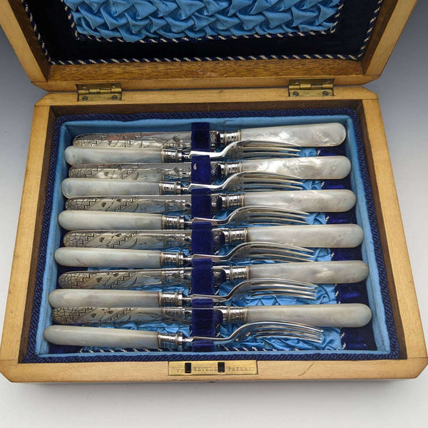 1880年 英国古董 白蝶贝柄餐具 甜点刀叉6对装 William Batt and Sons 木盒装