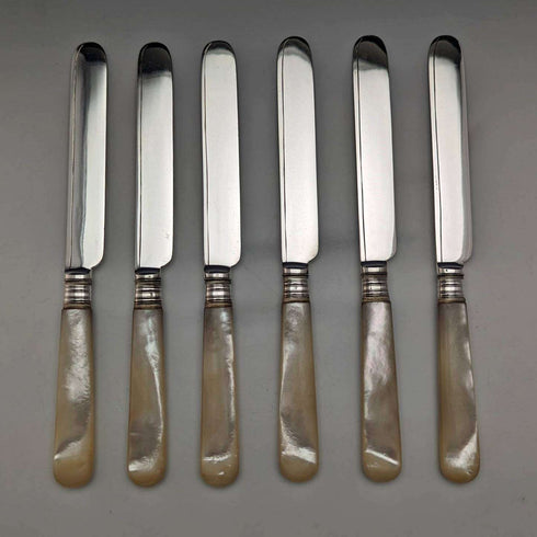Juego de 6 pares de cubiertos de postre antiguos ingleses de 1880 con mangos de nácar, de William Batt and Sons, en caja de madera