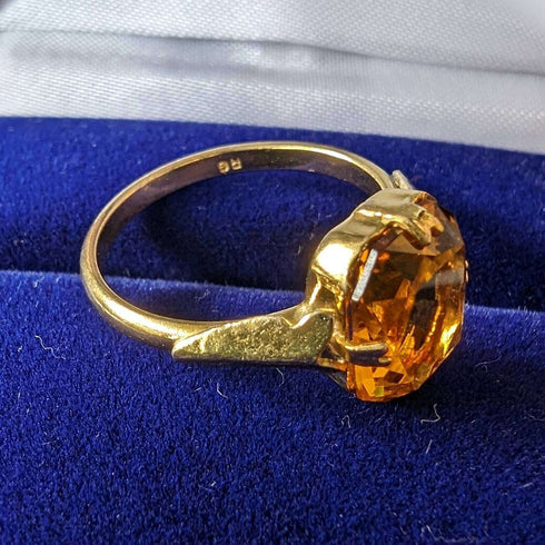 British Vintage Jewelry Amber Color Stone Rolled Gold Ring (Size 12)