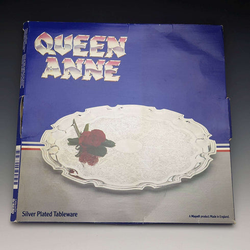 英国ヴィンテージ シルバープレート製 トレイ 直径31cm Queen Anne 箱入り