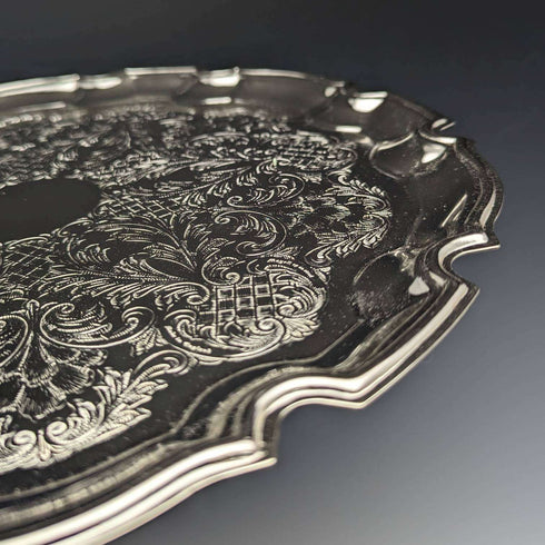 英国ヴィンテージ シルバープレート製 トレイ 直径31cm Queen Anne 箱入り