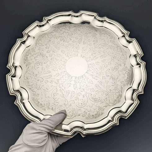 英国ヴィンテージ シルバープレート製 トレイ 直径31cm Queen Anne 箱入り