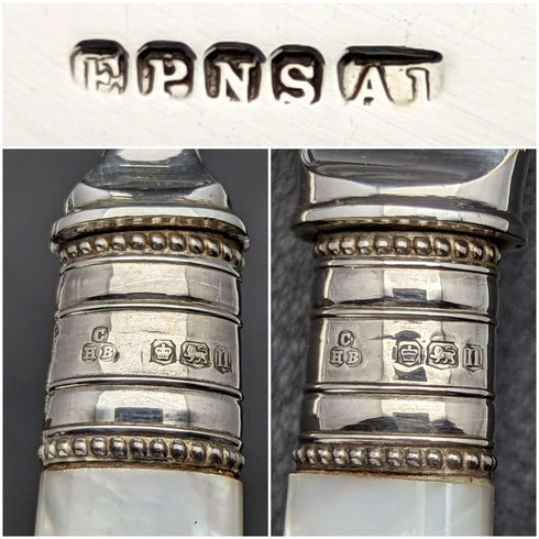 Juego de 6 cubiertos de postre vintage británicos de 1930 con mango de nácar, en estuche de cuero