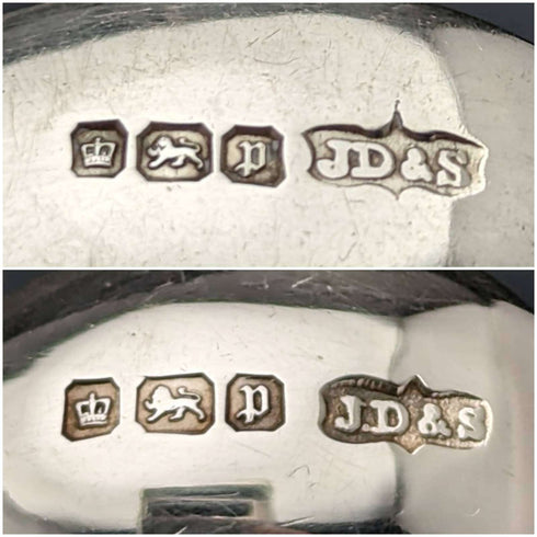 Juego de 6 cucharillas de té y pinzas para azúcar de plata esterlina, antigüedad británica de 1907, en estuche, James Dixon