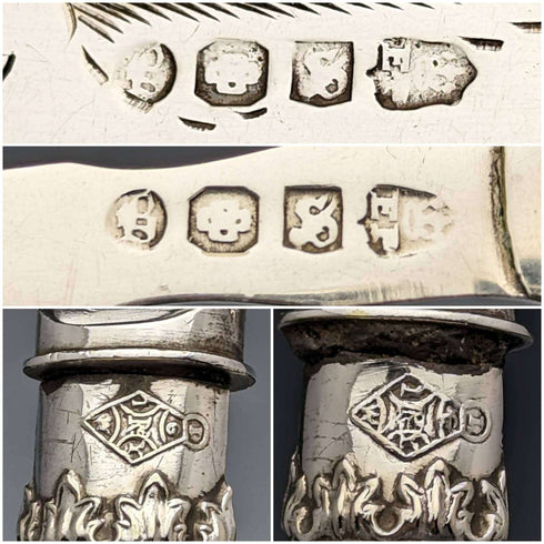 Juego de 5 pares de cubiertos para pescado de plata chapada, antigüedades británicas de alrededor de 1860, en caja de madera
