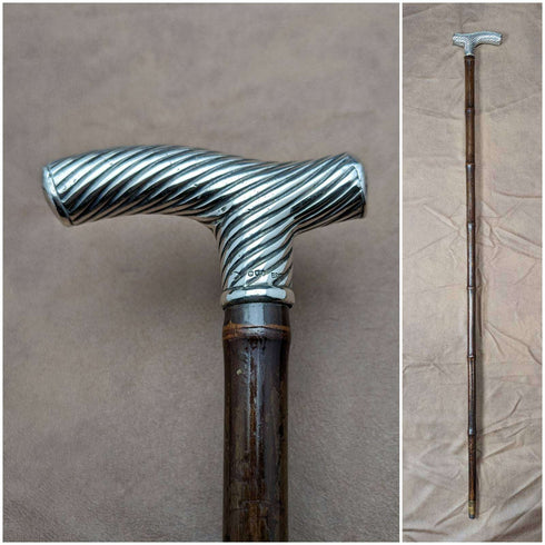 1890년 영국 엔틱 신사용 스틱 지팡이 순은 더비 핸들 92cm