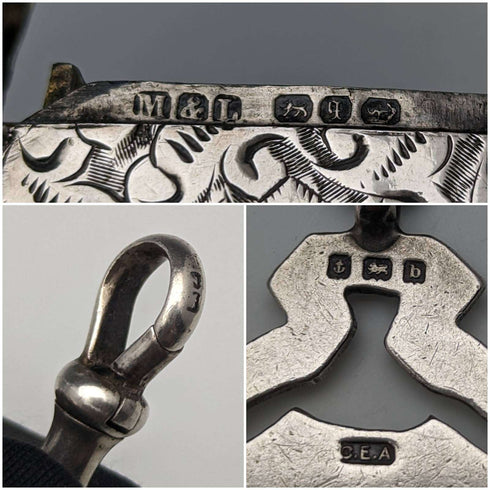 Around 1900 British Antique Sterling Silver Albert Chain 88g Vesta Case & Medal Fob